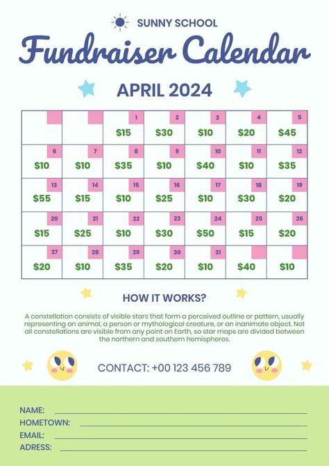 Child-like Hand-drawn Elementary School Fundraiser Calendar Cash Calendar Fundraiser Template Free, Fundraising Plan, Elementary School Fundraisers, Make Your Own Calendar, Middle School Science, School Fundraisers, Calendar Template, Elementary School, Free Graphic Design