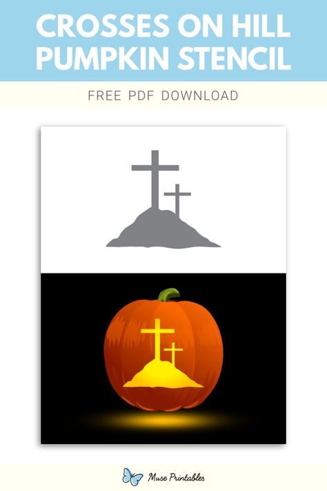 Free printable crosses on hill stencil for pumpkin carving. Download it at https://museprintables.com/download/pumpkin-stencil/crosses-on-hill/ Fall Church Crafts, Stencil For Pumpkin Carving, Printable Pumpkin Stencils, Pumpkin Stencils Free, Pumpkin Carving Stencils Free, Printable Cross, Pumpkin Cravings, Pumpkin Stencils, Halloween Pumpkin Carving Stencils