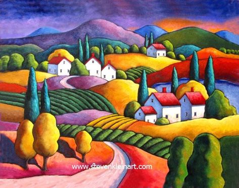 Whimsical Art Paintings, Arte Folk, Landscape Quilts, American Folk Art, Art Et Illustration, Naive Art, Modern Cross, Modern Cross Stitch, Stitch Kit