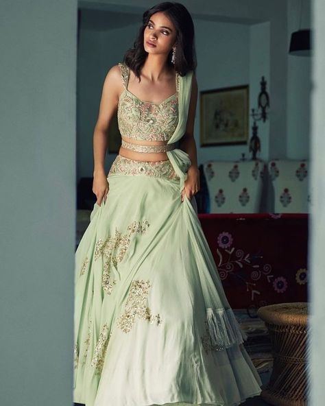 Mint Green Lehenga, Sister Of The Bride, Sangeet Ceremony, Soft Mint Green, Soft Mint, Green Lehenga, Bride Sister, Fit And Flare Wedding Dress, Hayley Paige