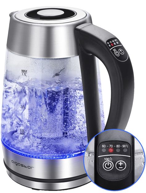 Aigostar Electric Kettle Temperature Control & Tea Infuser 1.7L, Hot Water Tea Kettle with Variable Temperature LED Indicator Light Change Auto Shut-Off Glass Kettle, Instant Water Heater, Electric Tea Kettle, Water Boiler, Water Kettle, Tea Infuser, Tea Kettle, Electric Kettle, Water Heater