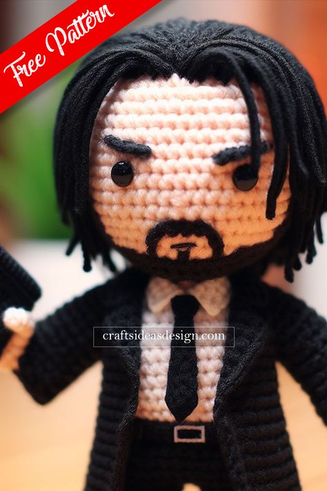 John Wick Amigurumi - Free Pattern Cat Amigurumi Free Pattern, Graphic Crochet, Disney Crochet Patterns, Crochet Doll Tutorial, Action Hero, Animal Crochet, Crochet Disney, Cat Amigurumi, Crochet Dolls Free Patterns