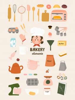 Mussbila | Freepik Bakery Vector Illustrations, Bakery Illustration Art, Cute Bakery Illustration, Cute Bakery Drawing, Bakery Illustration Drawings, Bakery Shop Illustration, Bakery Doodles, Bakery Elements, Bakery Drawing