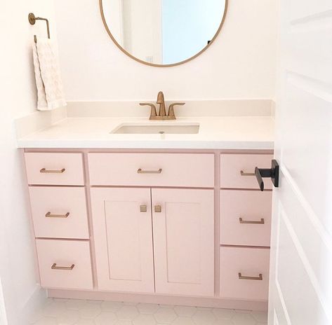 Under The Sink Storage Bathroom, Pink Bathroom Cabinets, Diy Wainscoting Bathroom, Pink Bathroom Vanity, Gray Bathroom Walls, Pink Cabinets, Beadboard Bathroom, Wainscoting Bathroom, Painting Bathroom Cabinets