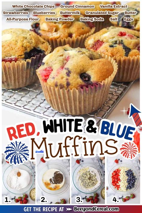 These red white and blue muffins are a great treat for any occasion but they're especially fitting for patriotic holidays like Memorial Day and the Fourth of July! 4th Of July Muffins, Veterans Day Brunch Ideas, Red White And Blue Brunch, Red White And Blue Breakfast, Fourth Of July Breakfast Ideas, Fourth Of July Breakfast, Blue Muffins, Healthy Food Hacks, Red White And Blue Food