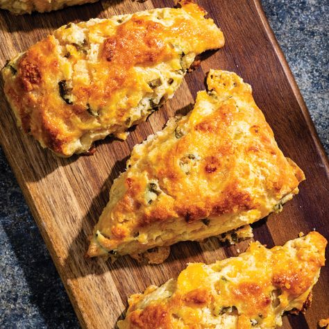 Jalapeño-Cheddar Scones Cheddar Scones Recipe, Flaky Scones, Cheddar Scones, American Test Kitchen, Cooks Country, Cooks Country Recipes, Donut Toppings, Cookie Toppings, Caramel Tart