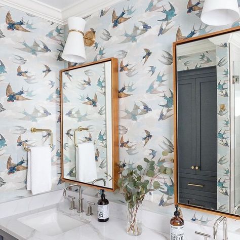 Chimney Swallows wallpaper by John Derian for Designers Guild features a number of these slim, graceful birds diving and swooping through a cloudy, eventful sky. A dramatic wallpaper sure to bring life to any room in which it’s hung, we #lovelovelove this wallpaper 😍 Ph/ @theprettyperchdesignhouse [IG] #designerwallpapers #designersguild #johnderian #interiordecor #interiordesign #bathroominspo #wallpaperwednesday John Derian Wallpaper, Chimney Swallows Wallpaper, Swallow Wallpaper, Swallows Wallpaper, Toilet Wallpaper, Dramatic Wallpaper, Beachy House, Downstairs Loo, Wallpaper Ceiling