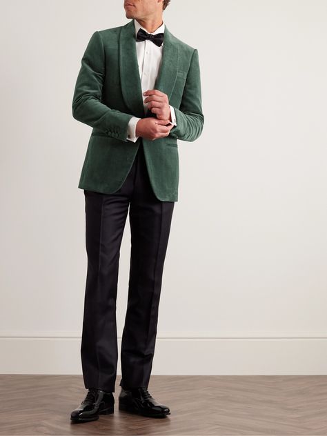 EXCLUSIVE AT MR PORTER. The Kingsman's collection represents the complete wardrobe of a well-dressed modern gentleman, but our favorite piece, or one of them, if we're pressed to pick, has to be this tuxedo jacket (complete with the pants, of course). Sharp, smart and just plain cool, it's cut from plush cotton and linen-blend in a muted 'Eucalyptus' hue and has a streamlined shawl collar and functional buttoned cuffs. The smooth lining ensures easy layering. Black Tie Mens Attire, Black Tie Wedding Guest Attire, Mens Velvet Suit, Black Tie Men, Attire Guide, Velvet Tuxedo Jacket, Creative Black Tie, Plaid Wedding, Velvet Tuxedo