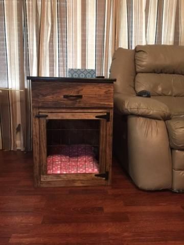 Smaller Dog Crate with a drawer! Kennel Ideas Outdoor, Crate Nightstand, Kennel Furniture, Dog Crate End Table, Dog Crate Table, Small Dog Crate, Wood Dog Crate, Crate End Tables, Diy Dog Crate