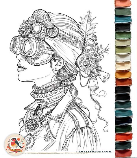 Gorgeous Steampunk Coloring Pages with Intricate Details Steampunk Color Palette, Coloring Pages Of People, Steampunk Drawings, Steampunk Coloring Pages, Steampunk Drawing, Steampunk Coloring, Steampunk Robot, Steampunk Woman, Owl Coloring Pages