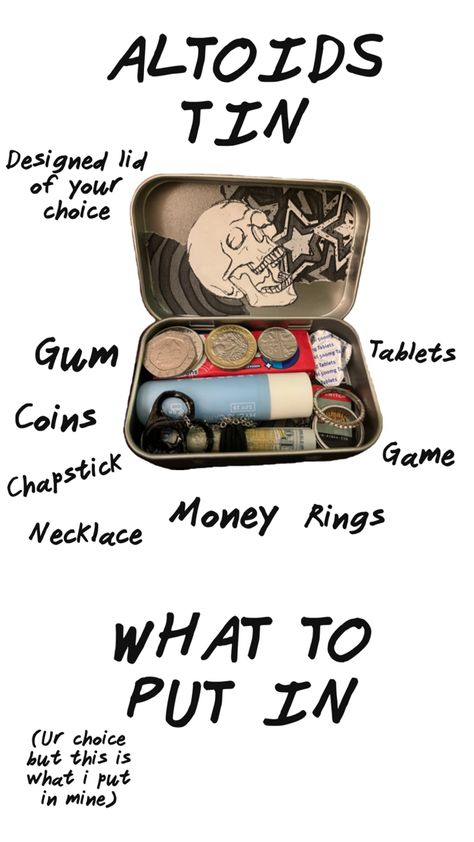 what I put in my altoids Things To Make Out Of Altoids Tins, What To Put In Altoid Wallets, Altoid Survival Kit, Altoid Can Crafts, Altoid Mint Tin Crafts, Altiod Wallet Ideas, Altoid Box Crafts, Altoid Wallets Aesthetic, Diy Altoid Tin Crafts