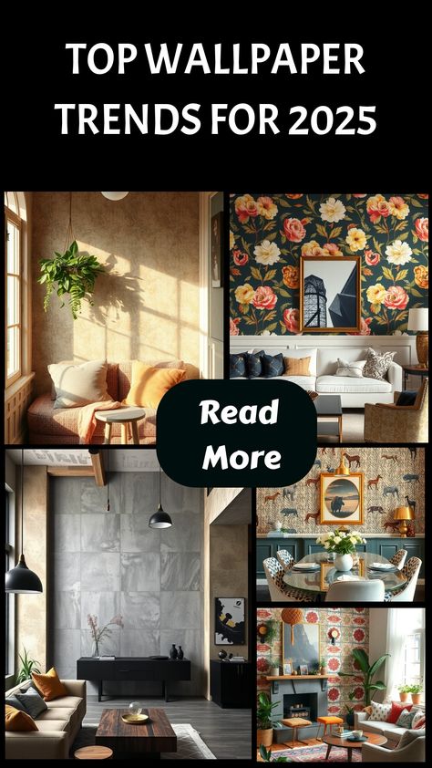 Collage of stylish interior designs featuring diverse wallpaper patterns and decor trends for 2025. Wallpaper Behind Sofa Wall, Wallpaper Fireplace Wall Living Room, Rug And Wallpaper Combos, Wallpaper In Living Room Statement Wall, Wallpaper Uses Home Decor, Bold Wallpaper Accent Wall Living Room, Foyer With Wallpaper, Living Room Wall Papering Ideas Modern, Wallpaper On One Wall In Bedroom