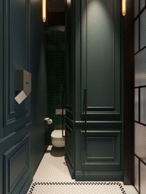 Dark Powder Room Ideas, Green Small Bathrooms, Green Powder Room, Modern Powder Room Design, Small Dark Bathroom, Powder Room Design Ideas, Bathroom Decor Ideas Colors Schemes, Dark Green Bathrooms, Modern Powder Room