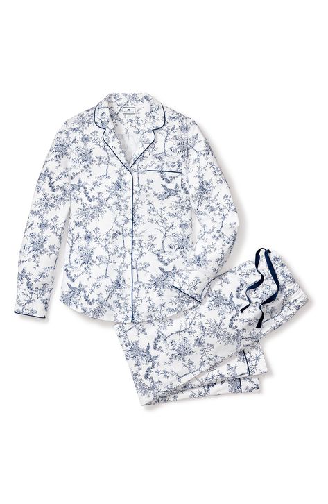 Cozy up in these luxuriously soft cotton pajamas patterned in timeless toile and designed with elevated details like piped edges. Top has front button closure; notched collar; long sleeves with one-button cuffs; chest patch pocket Pants have drawstring waist; side-seam pockets 100% cotton Machine wash, tumble dry Imported Luxury Sleepwear, Classic Pajamas, Loungewear Dresses, Long Sleeve And Shorts, Botanical Illustrations, White Product, Pajama Robe, Womens Pyjama Sets, Cotton Pyjamas