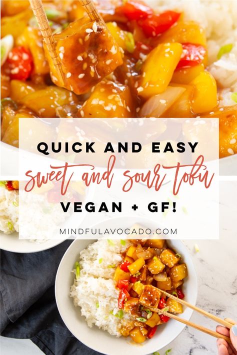 Sweet and Sour Tofu -- This healthy Chinese recipe is the PERFECT weeknight meal! Tofu, peppers, onions, and pineapple covered in a delicious sauce. It's so easy to make, and the entire family will enjoy this recipe! #sweetandsourtofu #veganchinesefood #healthychinesefood #crispytofu #veganasianfood | Mindful Avocado Tofu And Pineapple, Vegan Pineapple Recipes, Psych Party, Pineapple Tofu, Vegan Sweet And Sour, Sweet And Sour Tofu, Unprocessed Recipes, Vegan Bites, Pegan Recipes