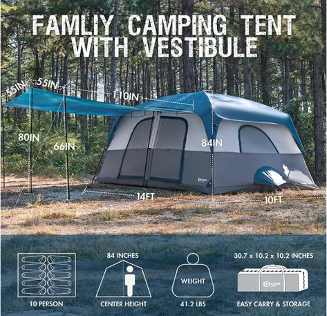 We specifically chose this tent for its two room design with inside access to each room in addition to two separate outside access doors..😴🛌💤 There were only three of us and the grand scale and 10 person capacity was definitely a bit on the excessive side. 😬🫣 Overall this was a great tent, TONS of windows and air vents, tall enough to stand straight up inside and has an optional covered porch. 👨‍👩‍👦🏕️💰 10 Person Tent, Backyard Sports, Camping Backyard, Wilderness Explorer, Tent Set Up, Blue Roof, Large Tent, Family Cabin, Family Tent Camping