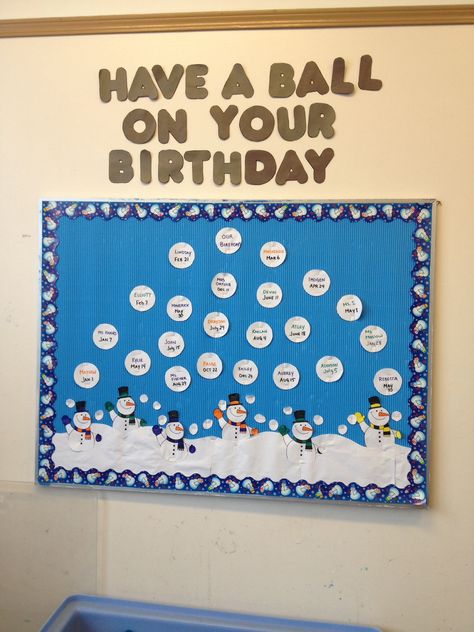 Winter birthday board. Have a ball on your birthday! Snowballs, snowmen, bulletin board Unique Bulletin Board Ideas, November Bulletin Boards, Preschool Birthday, Birthday Board Classroom, Thanksgiving Bulletin Boards, Board Classroom, Teacher Bulletin Boards, Birthday Bulletin Boards, Birthday Bulletin