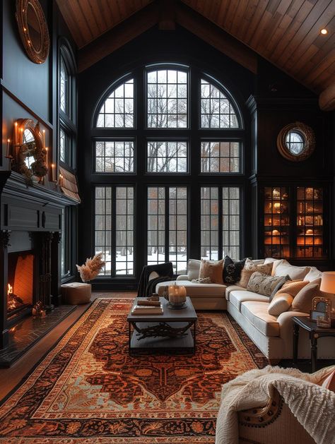 50+ Black Interior Design Concepts: Change Your Perception Ceiling Ideas Living Room, Upstairs Lounge, Basement Lounge, Arch Windows, Half Arch, Designer Room, Interior Design Examples, Vaulted Ceiling Living Room, Black Living Room Decor