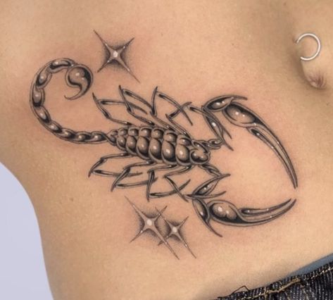 Chrome Scorpion Tattoo, Tatuajes Y2k, Navel Tattoos For Women, Chrome Tattoo, Tattoo Side, Waist Tattoos, Horoscope Tattoos, Scorpio Tattoo, Insect Tattoo