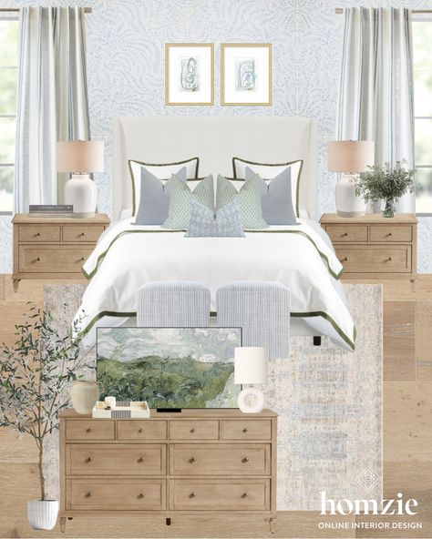 Bedroom Furniture On A Budget, Neutrals And Blue Bedroom, Neutral Bedroom Hint Of Blue, Neutral Bedroom Dark Floors, Master Bedrooms Decor Costal, Neutral And Blue Bedding, Country Hamptons Style Bedroom, Blue Night Stands Bedroom, Natural Bedroom Furniture