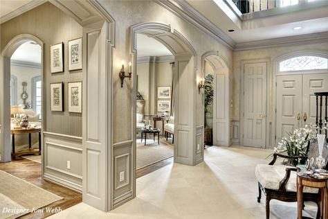 Pinstripe Wall, Hall Ways, Door Arch, My French Country Home, House Of Turquoise, Grand Foyer, White Carpet, Trim Work, Romantic Homes