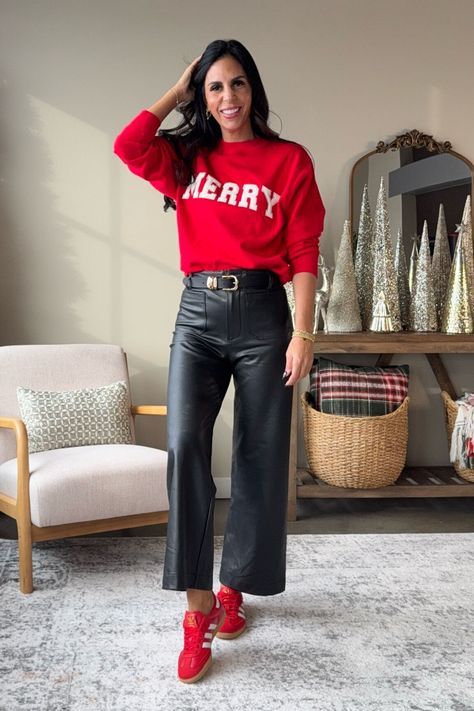 Anthropologie is 30% off currently and these Colette faux leather pants are one of my all-time favorites! Wearing a 26 Tall (the red looks way darker in stock photos Bodysuit has compression - small Sweater - medium Code: shannon30  #LTKU#LTKSaleAlert#LTKHoliday https://liketk.it/4XViq New Year Casual Outfit Ideas, Black Leather Pants Christmas Outfit, Christmas Dinner Outfits For Women, Leather Pants Holiday Outfit, Christmas Tshirt Outfit, Leather Pants Sneakers, Sweater And Leather Pants, Holiday Outfits For Teens, Leather Pants Outfit Winter