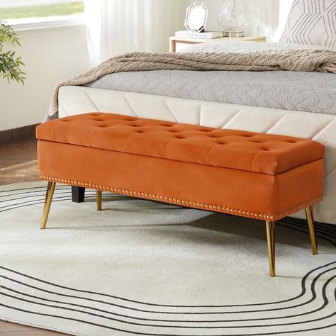 Neptunus Modern 45.5" W Velvet Bedroom Storage Bench for End of Bed with Nailhead Trim by HULALA HOME - On Sale - Bed Bath & Beyond - 36040717 End Of Bed Bench With Storage, Dining Room Orange, Bench For End Of Bed, Footstool Storage, Bedroom Storage Bench, Velvet Storage Ottoman, Upholstered Bench Bedroom, Velvet Bedroom, Store Blankets