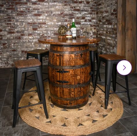 Wine Barrel High Top Table, Convert Dining Room To Bar, Speakeasy Office, Whiskey Barrel Ideas, Whiskey Room Ideas, Speakeasy Basement, 1920s Bar, Whiskey Barrel Decor, Attic Bar