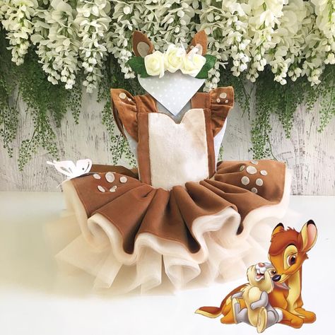 Bambi!! 🦌🍃🌸 Do you think Disney will ever make a live action version?🤔😁 * * * * * * * * #cutekidsclub #ootdkids #igbabies #clickinmoms #fas… | Instagram Bambi First Birthday Theme, Bambi Birthday Party Decoration, Bambi Decorations, Bambi Costume, Cupcake Dresses, Bambi Party, Disney Baby Costumes, Bambi Birthday, Bambi Dress