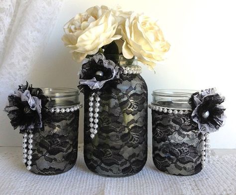 table for bridal shower games | black lace mason jar wedding, bridal shower, home decoration ขวดโห�ล Mason Jar, Mason Jar Wedding Decor, Goth Party, Lace Mason Jars, Toples Kaca, Soft Goth, Aesthetic Emo, 20s Party, 30th Party