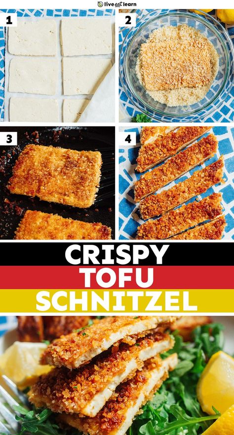 Ready to meet your new favorite dinner? Hint hint: It's tofu schnitzel! As a food scientist (aka professional flavor geek), I've perfected this crispy, golden-brown masterpiece. Even if you’re a tofu skeptic, this vegan schnitzel will have you rethinking how versatile tofu can be! Tofu Snitzel, Tofu Schnitzel, Vegan Schnitzel, Firm Tofu Recipes, Tofu Steak, Cooking Tofu, Healthy Vegetarian Dinner, Easy Vegetarian Dinner, Vegan Meat