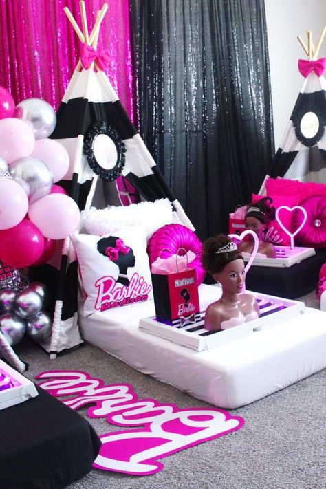 Barbie Themed Sleepover Party, Barbie Teepee Sleepover, Barbie Tent Party, Barbie Themed Sleepover, Barbie Sleepover Party Ideas, Barbie Slumber Party Ideas, Barbie Sleepover Party, Barbie Slumber Party, Barbie Tent