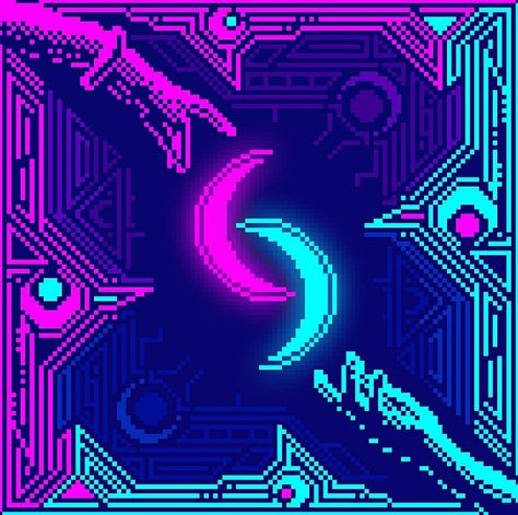 Pixel art > Crescent Moon > Lunar Trance > Neon Cyberspace > Digital > pixelart | pixeldanc3r Neon Pixel Art, Cyberpunk Pixel Art, Pixel Moon, Notion Pics, 8 Bits, Vaporwave Aesthetic, Art Icon, Moon Art, 8 Bit