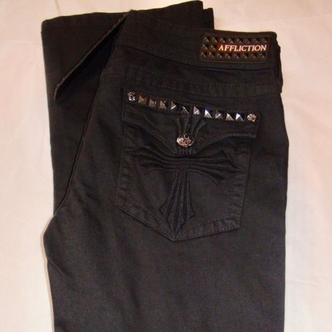 Affliction Los Angeles Jade Black Stud Cross Embroidered Bootcut Jeans Size 30 Nwt Affliction Women's Jade Black Bootcut Jeans Embroidered Stud And Cross Detail Size 30 Nwt Made Of 99% Cotton & 1% Spandex Vintage Boot Cut Perfect Fit Single Button & Zip Fly 2 Front Pockets Pyramid Stud Coin Pocket Custom Pyramid Stud Back Pockets With Embroidered Cross Detail Flap Button Closure Beautiful Buttons Affliction Los Angeles Style# 01bc124 Color: Black Out Please Note The Flash Makes The Jeans Lighter Studded Clothes, 2000s Affliction, Y2k Low Rise Jeans, Black Bootcut Jeans, Cute Sweatpants, Embroidered Cross, Angel Outfit, Black Stud, Black Out