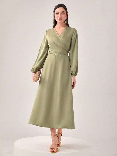 Green Elegant Collar Long Sleeve  Plain  Embellished Non-Stretch  Women Clothing Elegant Long Dresses Classy, Dress Designs For Women, Western Party Wear, Western Dresses For Girl, Daytime Dress, Pretty Bridesmaid Dresses, Long Dresses For Women, Western Party, Tie Back Top