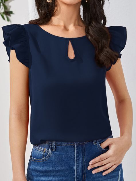 Navy Blue Elegant Collar Cap Sleeve Fabric Plain Top Embellished Non-Stretch Summer Women Clothing Simple Tops For Women Pattern, Dress Sewing Patterns Free, Formal Tops, Keyhole Neck, Plain Tops, Womens Tops Summer, Stylish Dress Designs, Women Blouses, Work Tops