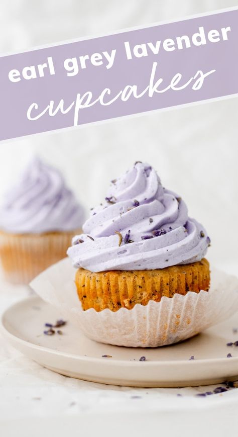 Cake stand topped with Earl Grey lavender cupcakes on a grey napkin Lavender Donut Recipe, Lavender Baking Aesthetic, Lavender Mousse Recipe, Lavender Cupcakes Recipe, Herbal Cupcakes, Baking With Lavender, Lavender Baked Goods, Lavender Recipes Baking, Recipes With Lavender