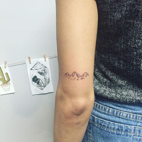 Watercolor Mountains Tattoo, Above Elbow Tattoo, Berg Tattoo, Small Mountain Tattoo, Mountain Range Tattoo, Mountain Tattoos, Mountain Tattoo Simple, Elbow Tattoo, Tattoo Spots