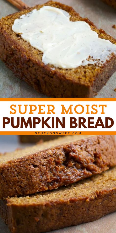 Pumpkin food ideas? This easy moist pumpkin bread recipe is for you! Learn how to make this best pumpkin bread with a ton of fall flavor given by the spices like nutmeg, cinnamon, and pumpkin pie spice. Cinnamon maple butter also helps! A must-try! Pumpkin Bread With Cream Cheese, Best Pumpkin Bread, Best Pumpkin Bread Recipe, Bread With Cream Cheese, Bread Pumpkin, Pumpkin Spice Bread, Best Homemade Bread Recipe, Pumpkin Bread Easy, Moist Pumpkin Bread