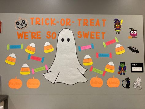 Trick-or-Treat we’re so sweet Trick Or Treat Bulletin Board Ideas, Daycare Bulletin Boards, Halloween Door Decorations Classroom, Class Door Decorations, Easy Bulletin Boards, Kindergarten Bulletin Boards, Halloween Bulletin Boards, Ra Bulletin Boards, Fall Bulletin Boards