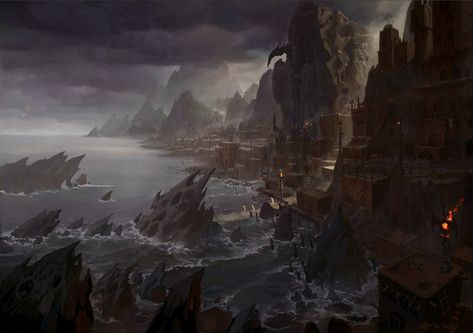 Dark Coastal City Skyrim Wallpaper, Egypt Concept Art, Heroic Fantasy, Elder Scrolls V Skyrim, Landscape Concept, Coastal Cities, Post Apocalypse, Fantasy Setting, Fantasy Places