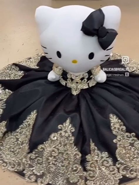 Quinceanera Themes Hello Kitty, Quince Hello Kitty Theme, Pink And Black Quinceanera Dresses, Hello Kitty Quinceanera Doll, Hello Kitty Quince, Hello Kitty Quinceanera, Quince Doll, Hello Kitty Guitar, Sweet 15 Ideas