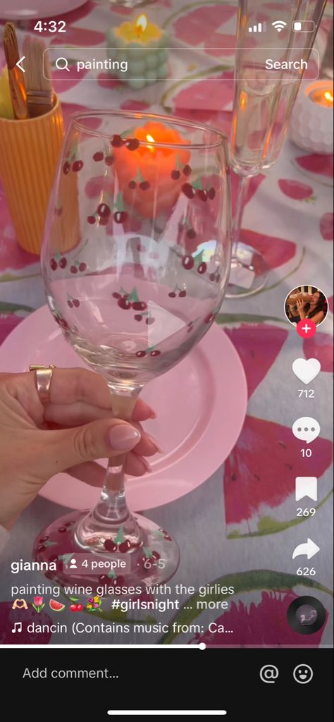 Galentines Sip And Paint, Cherry Wine Glass Painting, Paint And Sip Wine Glasses, Painting Wine Glasses Aesthetic, Galentines Paint And Sip Ideas, Cute Wine Glass Painting Ideas, Wine Cup Painting Ideas, Easy Wine Glass Painting, Painted Wine Glasses Ideas Simple