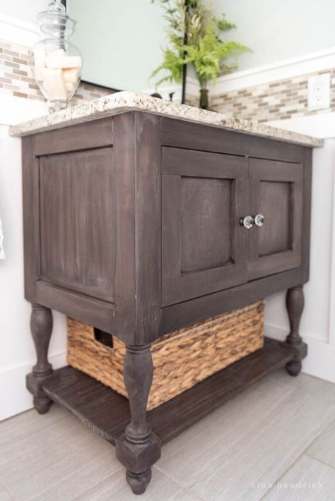 Learn how to build a custom DIY bathroom vanity inspired by an expensive sink console with this step-by-step building tutorial. Farmhouse Bathroom Vanity Diy, Diy Powder Room Vanity, Diy Bathroom Vanity Plans 30 Inch, Diy Bathroom Sink Cabinet, Diy Sink Vanity, Diy Bathroom Sink, Diy Sink, Weathered Wood Stain, Step Building