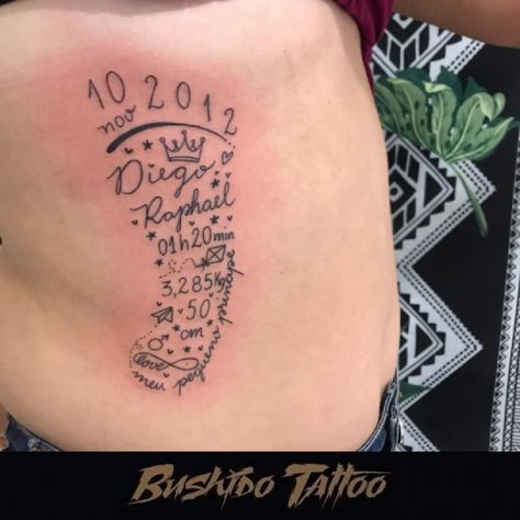 Tatuagem Ornamental de Homenagem ao Filho na Costela - "Diego Raphael - " - Pezinho com Informações do Nascimento ❤ "..." - " Uma Linda e Delicadíssima Tattoo e Homenagem pro Filho... Obg Pela Confiança em Nosso Trabalho...😷✍🙏🙌 Tattoo Por, @araninchaves em @bushidotattoobr⠀⠀⠀ .⠀⠀⠀⠀⠀⠀⠀⠀⠀⠀⠀⠀⠀⠀⠀⠀⠀ Quer uma Arte Exclusiva Chama No Whatsapp do Estúdio 👇👇⠀⠀ Agendamento&Orçamento Somente Pelo Whatsapp do Estúdio 📲 +5517991218074... Siga as Instruções no Status do Whatsapp...📲⠀⠀⠀⠀⠀⠀⠀⠀⠀⠀⠀⠀ .⠀⠀⠀⠀⠀⠀ Tattoo Quotes, Tattoos, 10 Things, Pins