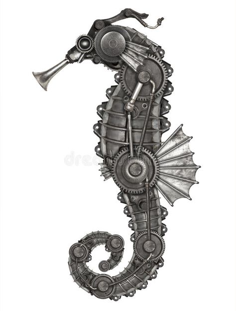 Steampunk style seahorse. (Hippocampus). Mechanical animal photo compilatio royalty free stock photos Photo Compilation, Steampunk Animals, H.r. Giger, Mechanical Animals, Isometric Art, Steampunk Style, Steampunk Art, Welding Art, Fish Art