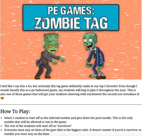 Middle School Pe Games Outside, Zombie Tag Game, Pe Tag Games Elementary, Early Elementary Pe Games, Inside Pe Games, Second Grade Pe Games, Halloween Phys Ed Games, Halloween Elementary Pe Games, Halloween Pe Activities For Kids