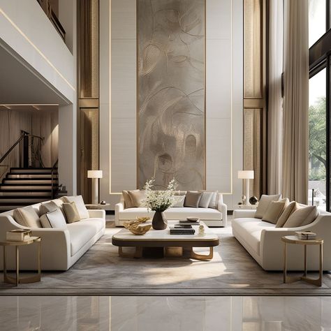 Emphasizing large space, the living room appears even grander with its modern furnishings. Contemporary Majlis Design, Luxury Minimalist Interior, High Ceiling Living Room Modern, Ceiling Living Room Modern, Luxury Contemporary Interior Design, Duplex Wall, Double Height Living Room, Luxury Artwork, Living Room Designs Modern