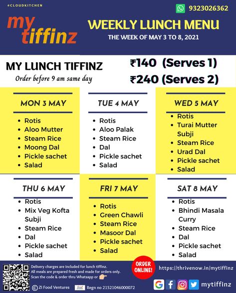 Enjoy full #tiffin #lunch on Wed. 4 pm onwards, enjoy Sabudana Vada for snacks and Kadai Paneer with Tawa Paratha. Order with us now. Delivery from #Thane to #Vikhroli. #mytiffinz #vocalforlocal #goodfood #food #thrive #swiggy #zomato #homedelivery #healthyfood #CloudKitchen Tiffin Lunch, Kadai Paneer, Tiffin Service, Sev Puri, Cloud Kitchen, Order Food Online, Lunch Menu, 4 Pm, Order Food