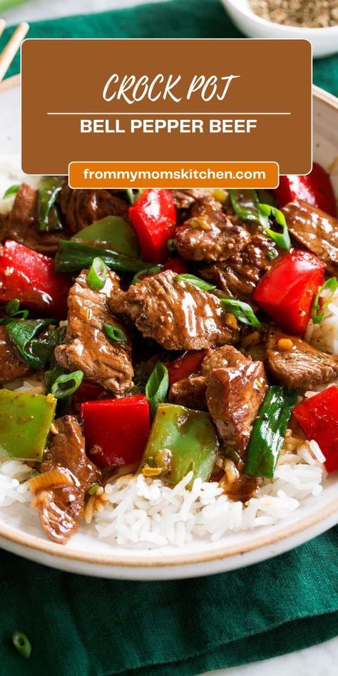 This is the best crockpot recipe for bell pepper beef you will ever try. Pepper Beef Crockpot, Crockpot Recipes With Bell Peppers, Beef Tips Peppers And Onions Crockpot, Easy Delicious Crockpot Pepper Steak, Crockpot Chinese Pepper Steak, Beef Roast Crock Pot, Fall Slow Cooker Recipes, Crockpot Stuffed Peppers, Quick Family Dinners